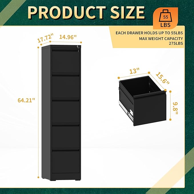 5 Drawer File Cabinet with Lock, Steel Vertical Filing Storage Cabinet for Home Office, Heavy-Duty File Cabinets for Letters/Legal/A4 (Require Assembly, Black)