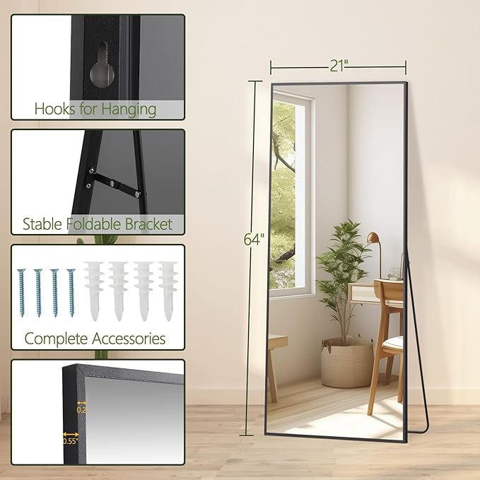 MELOMOIR 64"x21" Full Length Mirror, Floor Mirror with Stand Hanging or Leaning, Aluminum Alloy Frame Full Body Mirror for Bedroom Living Room Cloakroom Hallway, Wall Mirror Full Length, Black