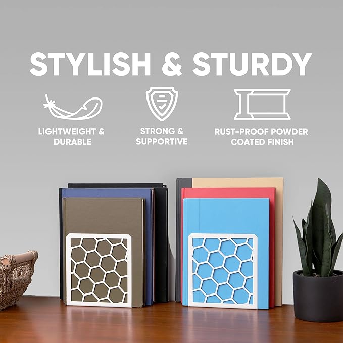 GEOMOD Geometric Honeycomb White Metal Bookends Decorative - Tall Sturdy Book Ends for Shelves - Modern Heavy Duty Bookend Stopper - Office or Home Book Shelf Book Holder - 6x3.25x6.25 Inches - 1 Pair