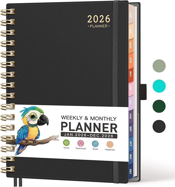 RETTACY 2026 Planner, Weekly and Monthly, Medium Size (5.7" x 8.3"), Jan - Dec 2026, Agenda, Calendar, 12 Month Tabs, Flexible Plastic Cover, 100 GSM Thick Paper, Spiral-bound (Black)
