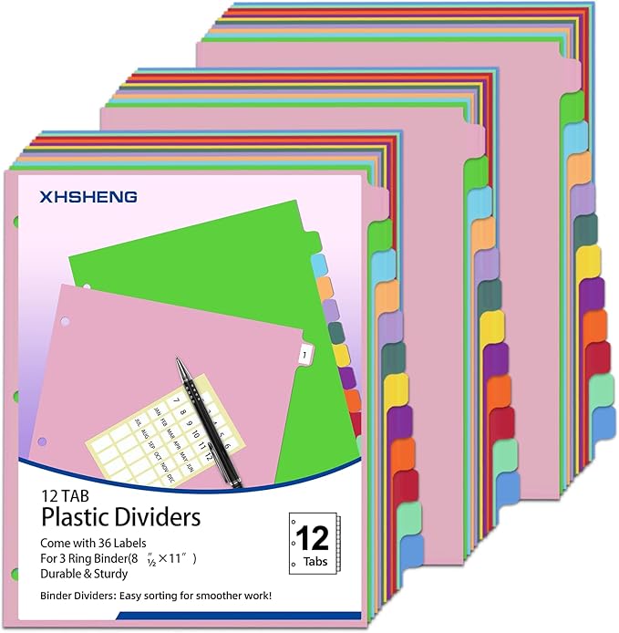 12-Tab Dividers for 3 Ring Binder,Plastic Biner Dividers with Tab, Monthly Divider Sets, 12 Tabs, Jan-Dec,File tabs,Multicolor,3 Sets
