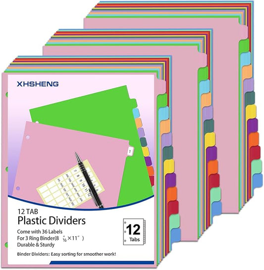 12-Tab Dividers for 3 Ring Binder,Plastic Biner Dividers with Tab, Monthly Divider Sets, 12 Tabs, Jan-Dec,File tabs,Multicolor,3 Sets