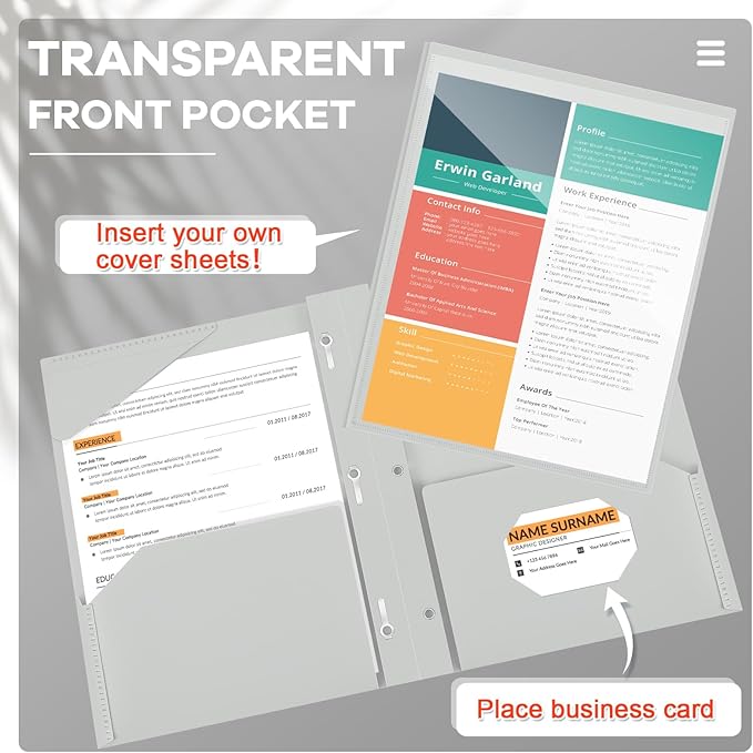 Henoyso 18 Pcs Plastic Folder with Clear Front Pocket and 3 Prong Plastic Folders with Card Slot Pocket Folders with Prongs for School Office (Gray White)