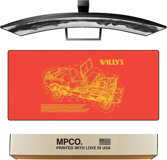MPCO. Blueprints Large Gaming Desk Pad - 36" x 17" Aeroglyde Fabric Willys Jeep – Orange Desk Mats - Non-Slip, Washable, Smooth Glide for Precision Gaming & Work