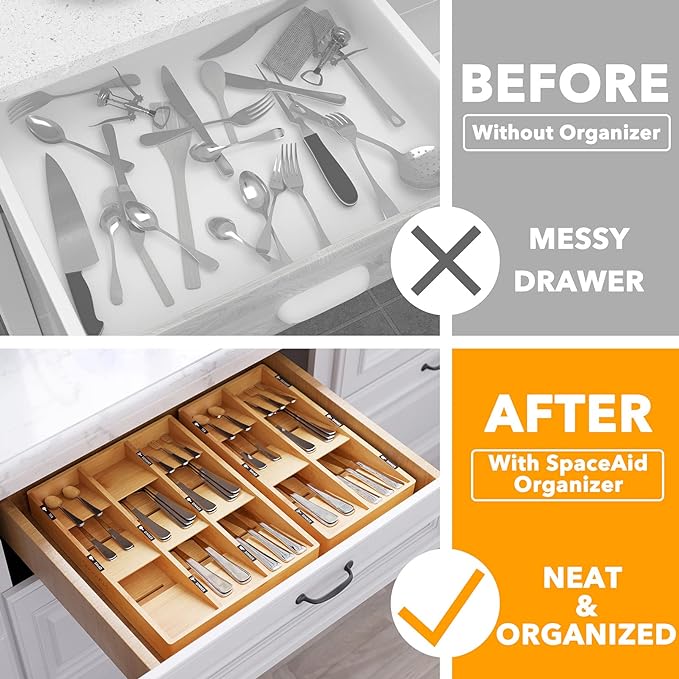SpaceAid Bamboo Silverware Drawer Organizer (Need 3" Deep Drawer), Kitchen Utensil Tray Holder Organizer for Flatware, Cutlery, Spoon and Knives Storage Organization (9 Slots)