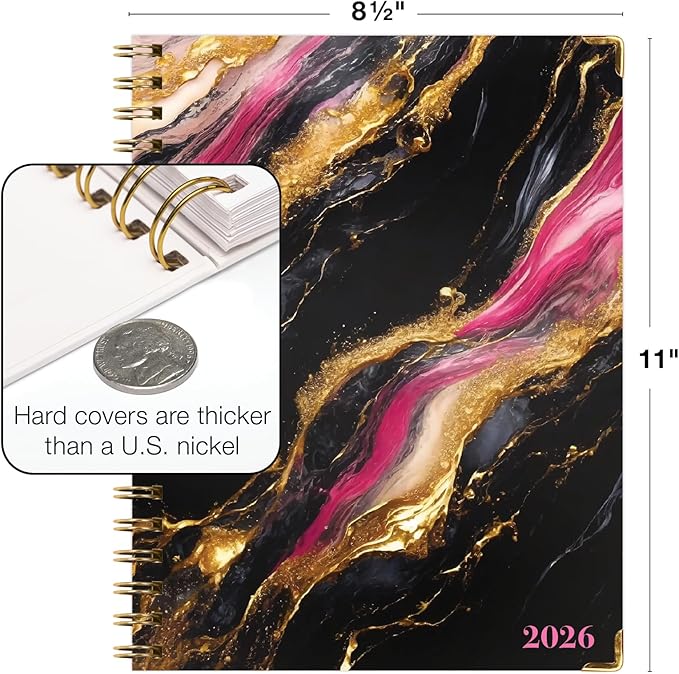 HARDCOVER 2026 Planner, 8.5"x11": 14 Months (November 2025 - December 2026), Daily Weekly Monthly Planner, Yearly Agenda, Bookmark, Pocket Folder and Sticky Note Set (Dark Gold Marble)