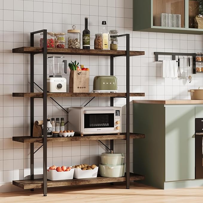 Bookshelf Set, Heavy Duty 4-Tier Industrial Bookcase, 47" Wide Wood Bookshelf for Home Office, 120lbs Shelf Capacity, Rustic Open Display with Horizontal Shelf for Living Room Bedroom