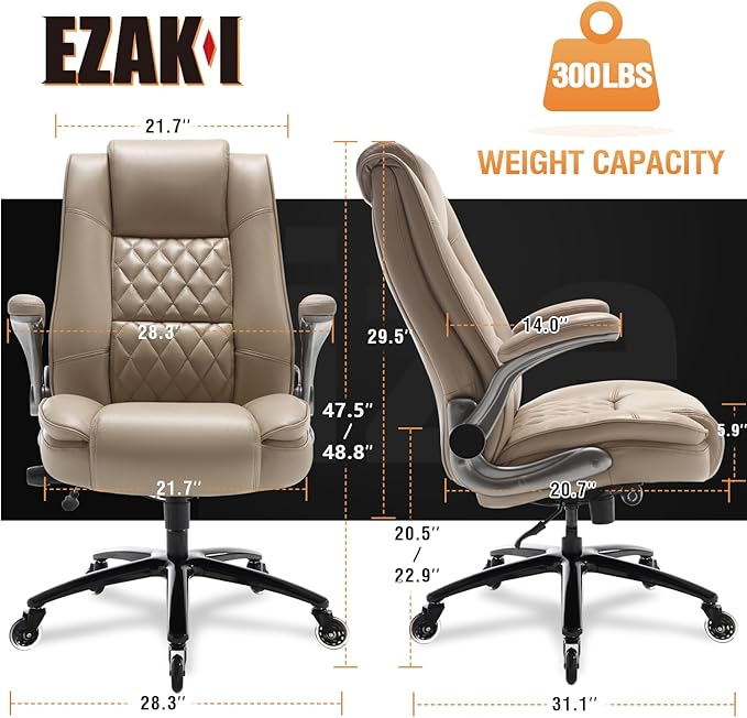 EZAKI High Back Office Chair-Flip-up Arms Executive Computer Desk Chair, Built-in Lumbar Support Thick Padded Adjustable Rock Tension Ergonomic Design for Back Pain