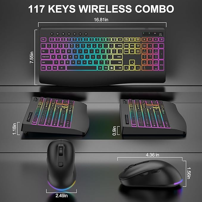 Wireless Keyboard and Mouse Combo, 9 Backlit Effects, Rechargeable 4000mAh Backlit Keyboard with Wrist Rest, 6 Button Mouse, 2.4G Full Size Quiet Keyboard Set for Computer, PC, Laptop, Mac, Windows