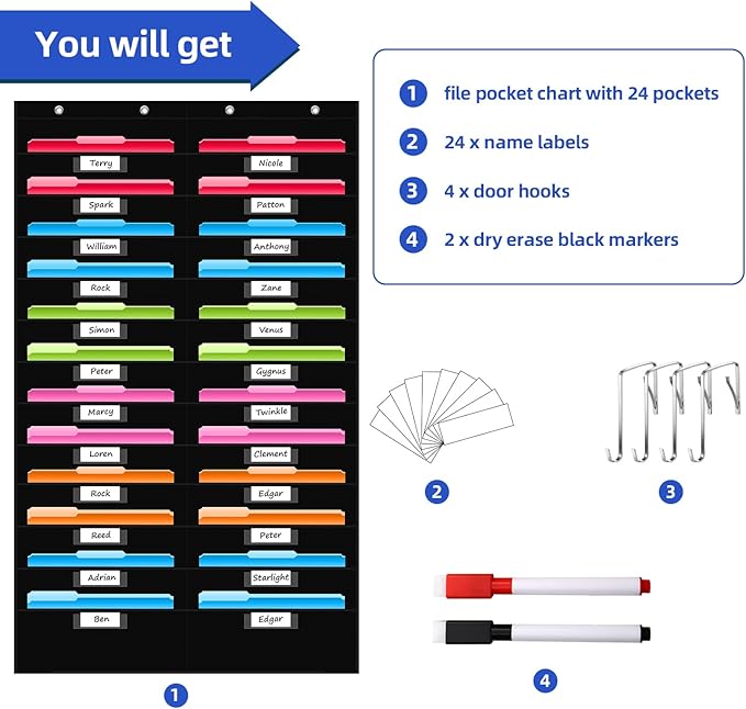 REGELETO 24 Pockets File Storage Pocket Chart with 24 Nametag Pockets, Hanging Wall File Organizer for Classroom and Office, Organize Your Assignments, Files, Scrapbooks, Paper (Black-24 pockets)
