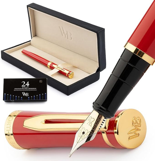 Wordsworth & Black Fountain Pen Set, Medium Nib, Includes 24 Ink Cartridges and Ink Refill Converter, Gift Case, Journaling, Calligraphy, Smooth Writing Pens [Crimson Red], Perfect for Men and Women
