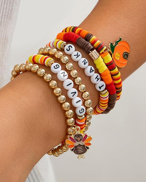 Thanksgiving Bracelets Set for Women Fall Pumpkin Turkey Maple Leaf Charm Bracelets Thanksgiving Polyester Clay Heishi Beads Stretch Brace-lets Thanks-giving Fall Jewelry Accessories Gifts for Her