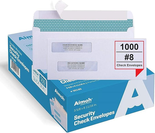 Aimoh #8 Double Window Self Seal Security Envelopes - for Business Checks, QuickBooks & Quicken Checks, Size 3 5/8 x 8 11/16 Inches - Checks Fit Perfectly - Not for Invoices, 1000 Count (30180-1000)