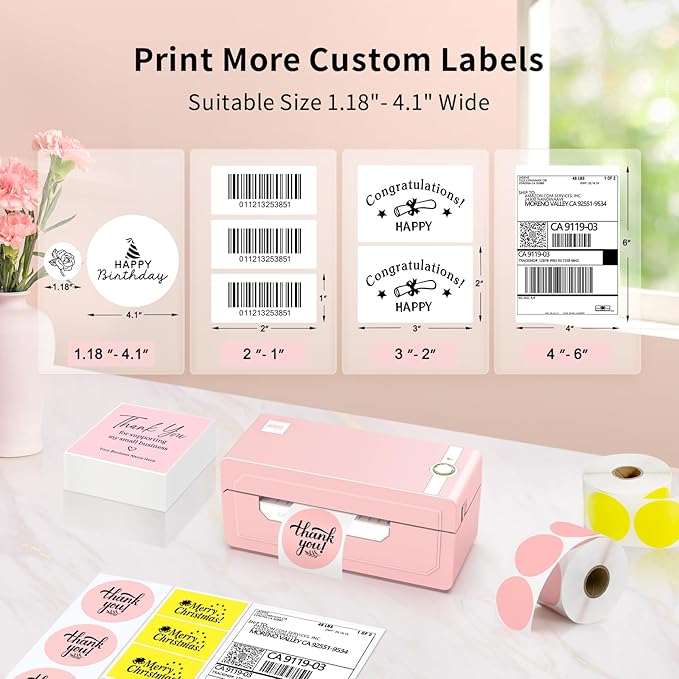JADENS Bluetooth Thermal Label Printer 4x6, Pink Wireless Shipping Label Printer for Small Business & Packages, Compatible with iOS, Android, Mac, Windows, Amazon, Etsy, Ebay, Shopify