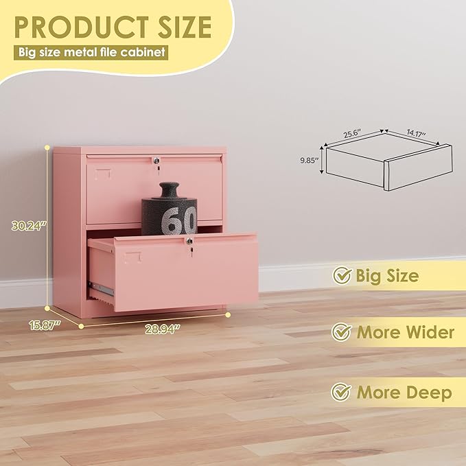 METAN Upgrade Metal 2 Drawer Lateral Files Cabinet for Home Office, Lockable Steel Wide File Storage Cabinet for Hanging Legal/Letter A4 Size, Assembly Required,Pink