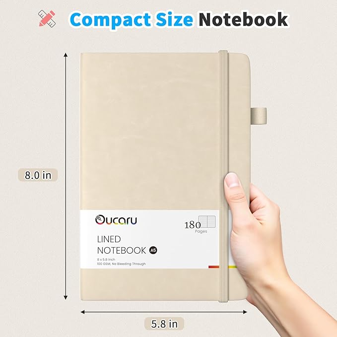 Oucaru Lined Journal Notebook, 2 Pack, 180 Pages, A5 Journals for Writing, 100 GSM Thick Paper, Small Notebooks Daily Journal for Women Men Work, Business, School, Travel Supplies