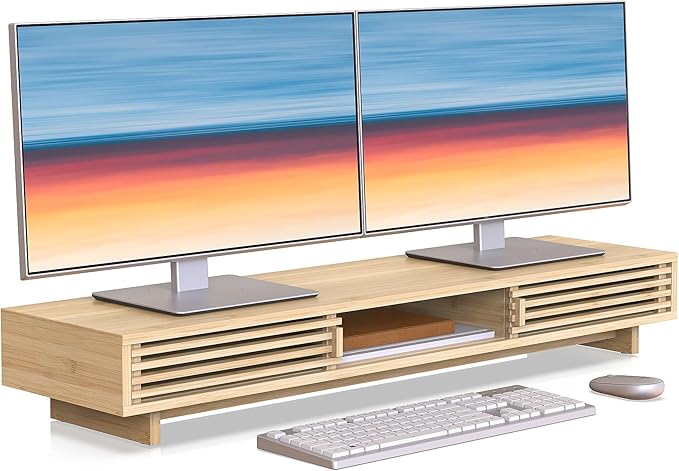 Dual Monitor Stand Riser with Sliding Door, Double Computer Laptop Stand Desk Shelf Organizer with Storage (Natural Bamboo, 38 Inch)