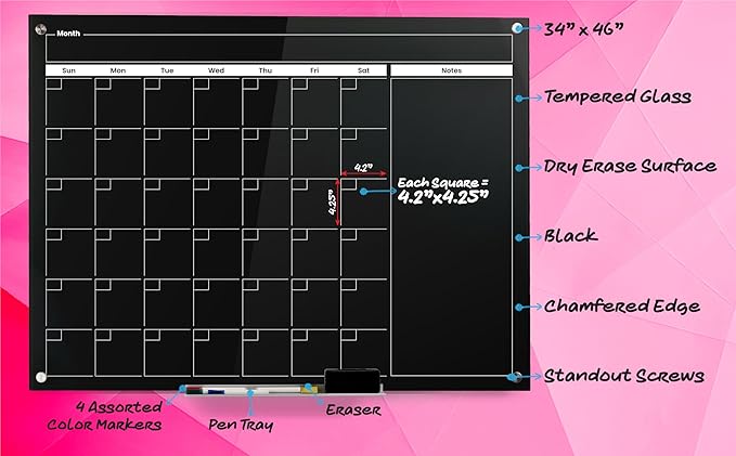 Real Glass Dry Erase Monthly Calendar, Giant Size 34" x 46", Tempered Glass Surface, Frameless Wall Mount, with 4 Assorted Color Markers and Eraser, by Better Office Products (Jet Black)