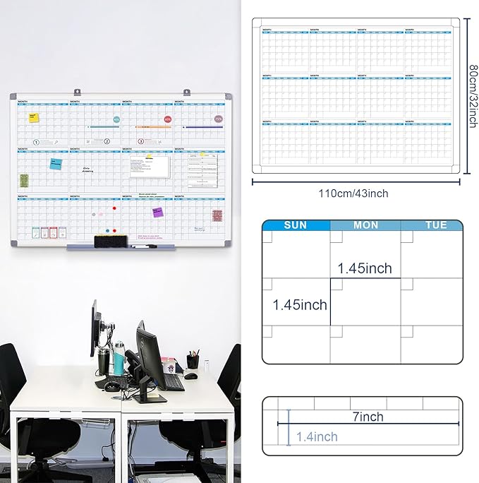 MAKELLO Large Magnetic Dry Erase Calendar Whiteboard Yearly for Home 43x31 in, Bedroom, Office, Classroom, 12 Months