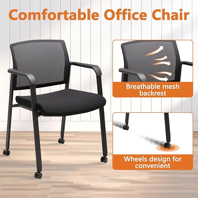 CLATINA Black Waiting Room Chair with Wheels Mesh Back Stacking Arm Chairs with Upholstered Fabric Seat and Ergonomic Lumbar Support for Office School Church Guest Reception