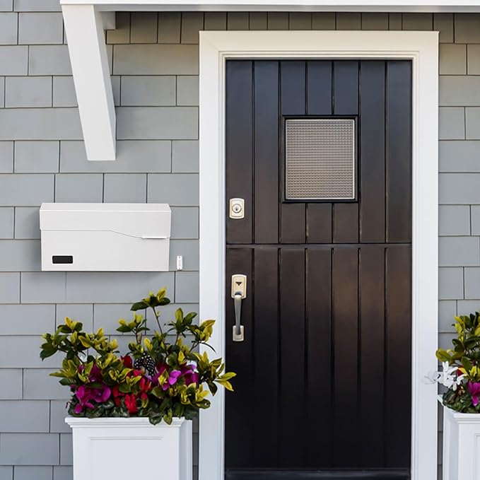 xydled Mailbox Wall Mount Door Mailboxes for Outside, Large Steel Hanging Metal Mailbox, Modern Post Box Package Parcel Drop Box for House Home, Textured White, 14.56''x7.1''x4''