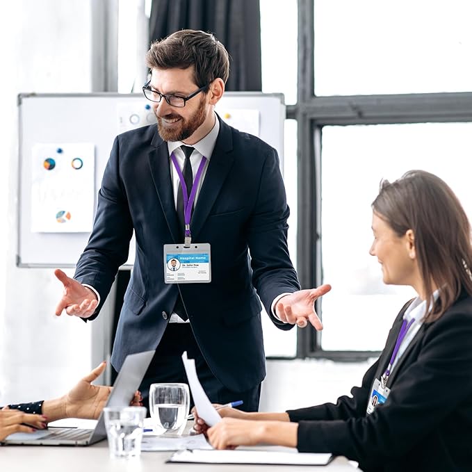 Marspark 50 Sets Clear Name Tags with Lanyard, Lanyards for ID Badges Reusable Strap with ID Holder Plastic Name Badges for Adults Business School Church Conference (Purple)