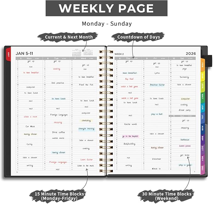EMSHOI 2026 Appointment Book, A4 15-Minute Hourly Planner, JAN 2026 - DEC 2026, Daily Weekly Monthly, 100GSM Thick Paper, PVC Cover, Colorful Tabs - for Work, School, Salon Scheduling
