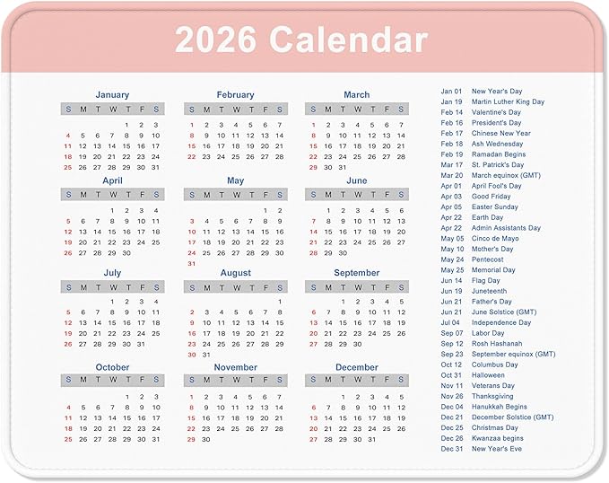2026 Calendar Mouse Pad, Square New Year 2026 Mousepad 10.2 x 8.3 Inch, Stitched Edge Anti-Slip Waterproof Rubber Computer Mat for Office, Gaming, Laptop, New Year Office Supplies Gift, Pink