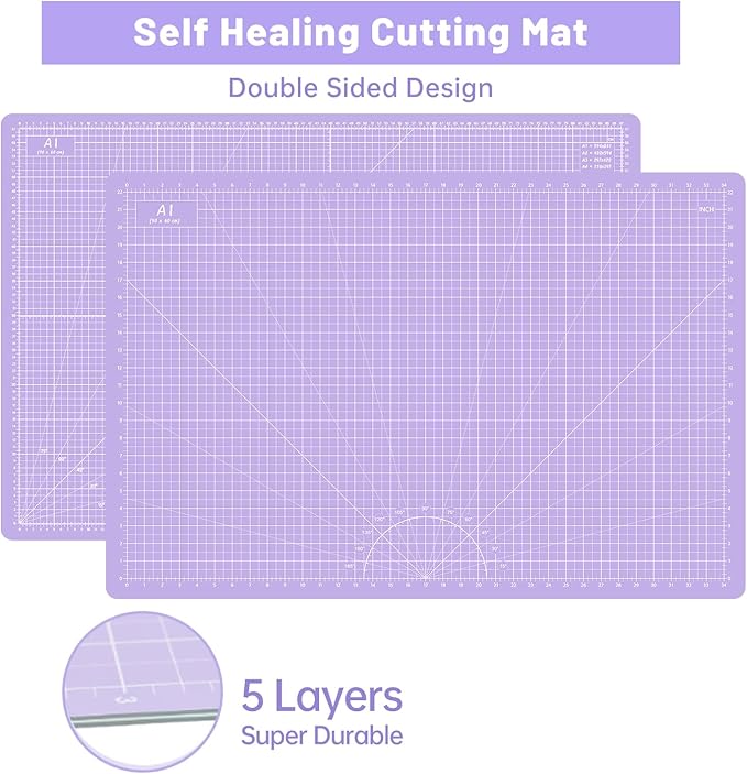 Headley Tools Rotary Cutter Set - 45mm Fabric Cutter, 5 Extra Rotary Blades, A1 Cutting Mat, Quilting Ruler and Sewing Clips, Craft Knife Set, Ideal for Crafting, Sewing, Patchworking, Purple