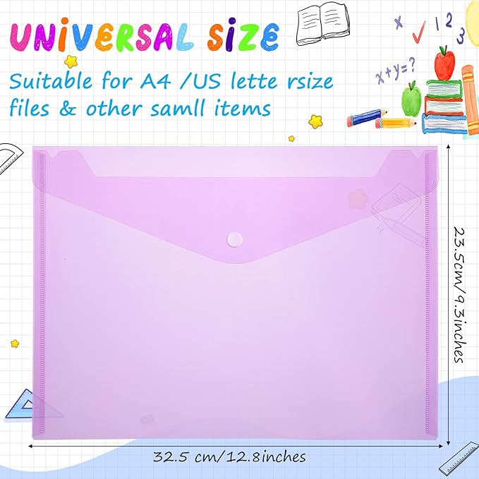 100 Pcs Clear Envelopes with Snap Button Closure Bulk A4 Letter Size Clear Plastic Envelope Folder Document Organizer File Folders for Office Home (Purple)