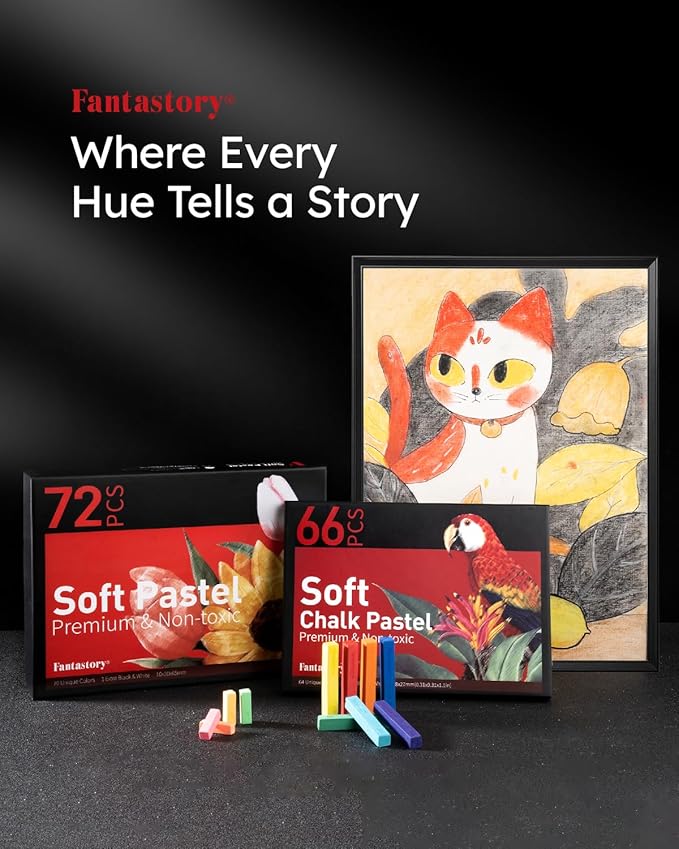 Fantastory Long Soft Chalk Pastels Set, 72 Sticks,Includes 5 Fluorescent Colors; Non Toxic Soft Pastels for Artists,Beginners;Classroom; Drawing,Blending,Layering;Christmas Art Supplies