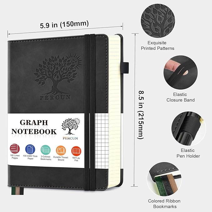 PERCUN Graph Paper Notebook, 160 Pages Grid Journal for women & men, A5 Hardcover Leather Graphing Notebook for School, Work, Travel, Note Taking 5.9”x8.5” (Black)