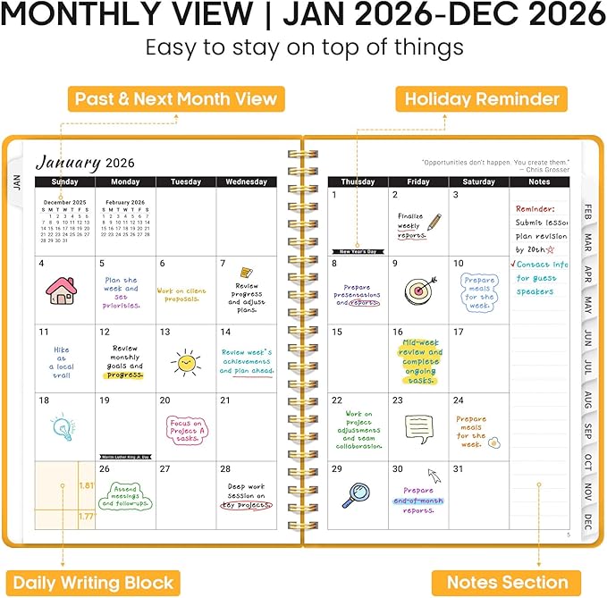 2026 Planner 8.5" x 11", Weekly and Monthly Calendar Planner Book, January 2026 - December 2026, Hardcover Spiral Planner with Monthly Tabs, Notes Pages, Perfect for Women & Men, A4 - Yellow