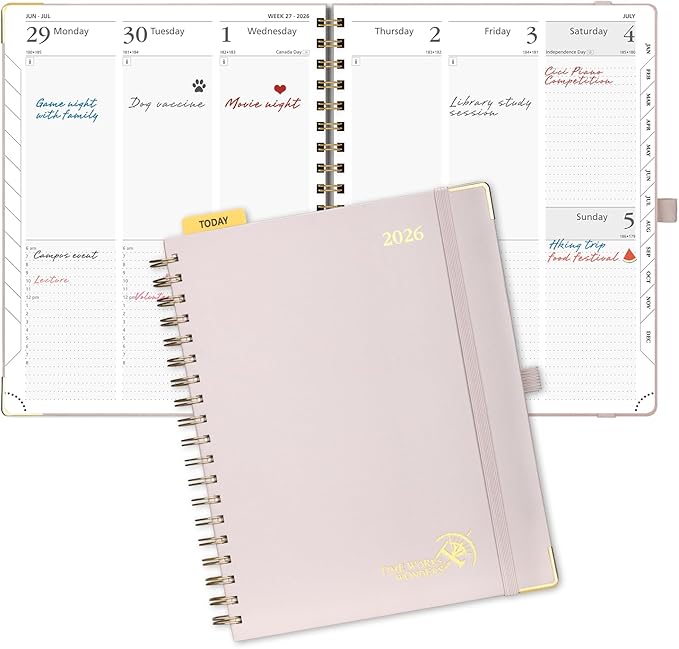 POPRUN 2026 Planner (Large Size 10'' x 8'' Wire-Bound Hard Cover) Daily Weekly and Monthly Calendar - Agenda 2026 (Jan.2026-Dec.2026) with Hourly Schedule, Monthly Tabs - Light Pink