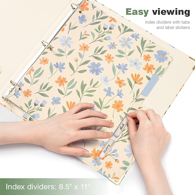 Ospelelf Binder 3 Ring 1 Inch, Round Ring Clipboard Binder for Letter Size Paper with 5 Tab Dividers, for School and Office Supplies, Yellow Floral