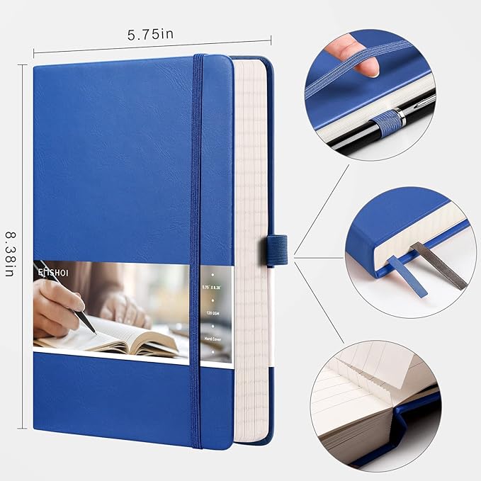 EMSHOI Lined Journal - 120gsm Thick Paper College Ruled Notebook with Sticky Notes, 256 Numbered Pages, A5 Hardcover Leather for Women & Men Work, School, Writing - (5.75”x8.38”) Blue