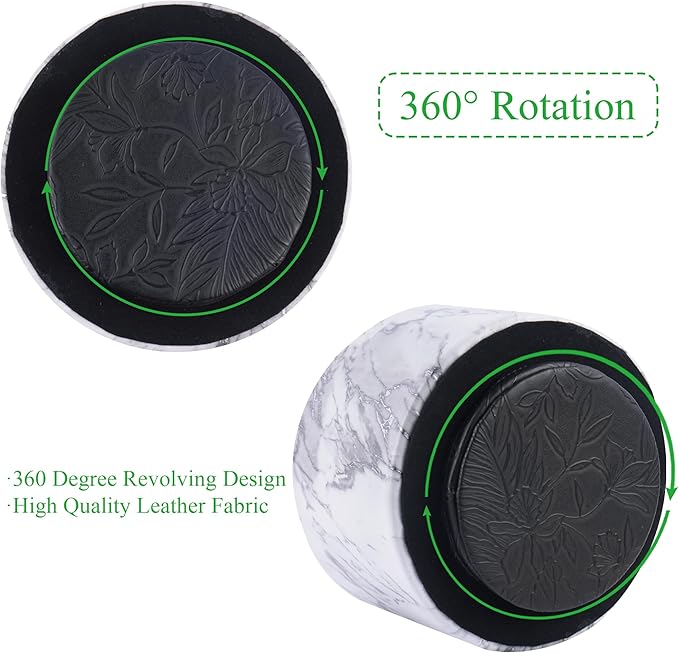 Round Leather Art Supply Organizer,Remote Control Holder,360-degree Rotating Pen Organizer with 4 Compartments(1-Marble White Silver)