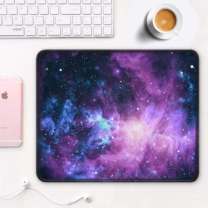 Auhoahsil Mouse Pad, 12 x 10 in Galaxy Theme Computer Mouse Pad for Desk, Premium-Textured Non-Slip Rubber Stitched Edges Waterproof Square Mouse Mat for Gaming Work Wireless Mice, Purple