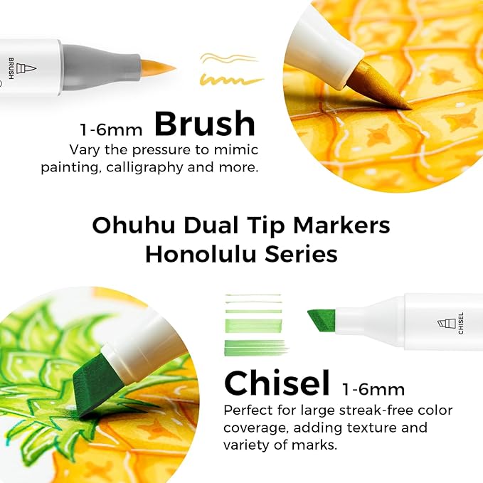 Ohuhu Alcohol Markers Brush Tip -Double Tipped Art Marker Set for Artist Adults Coloring Illustration - 120 Colors- Brush & Chisel Dual Tips- Honolulu of Ohuhu Markers- Refillable Alcohol-based Ink