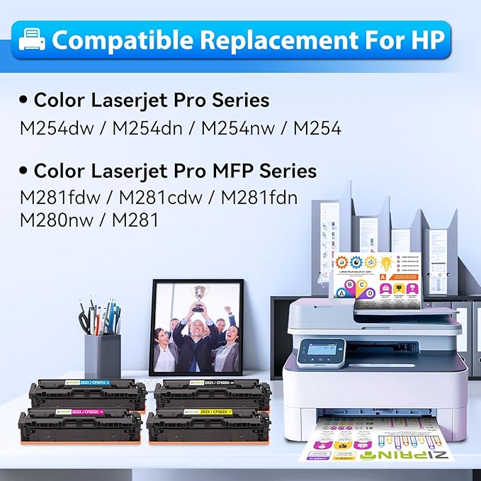 ZIPRINT Compatible Replacement for HP 202X 202A CF500X CF500A Toner Cartridge Compatible for HP Color Laserjet Pro MFP M281fdw M254dw M281cdw M281fdn M254dn M254nw M281 M254 Printer (B/C/Y/M,4-Pack)