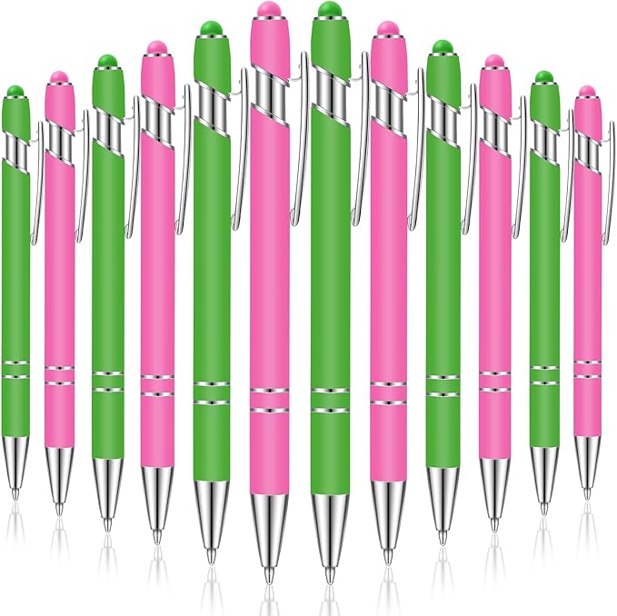 Tenare 12 Pieces 2 in 1 Stylus Metal Ballpoint Pen with Stylus Tip, 1.0 mm Black Ink Ballpoint Pen for Touch Screens (Green and Hot Pink)