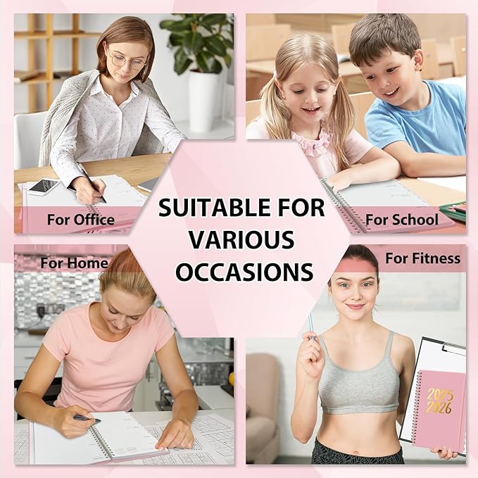 Planner 2025-2026, July 2025 - June 2026 Daily Weekly and Monthly Calendar Planner Book with Tabs, Notes Pages, Inner Pocket, Spiral Schedule Agenda A5 Notebook for School, College, Work-PINK