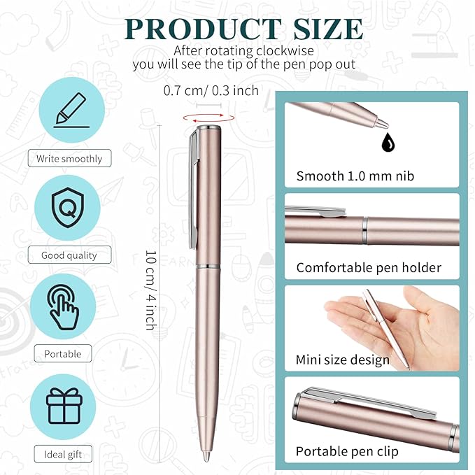 Teling 72 Pcs Small Ballpoint Pen Mini Pens Bulk 4 Inch Short Small Tiny Black Ink Ballpoint Writing Tool for Notebook Pockets Signature Notepads School Office(Rose Gold, Silver,Classic Style)