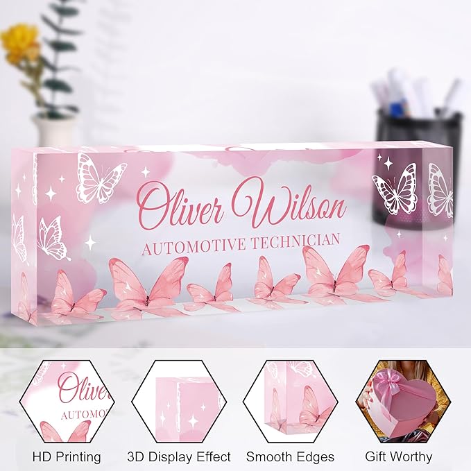 Custom Name Plate for Desk, Personalized Acrylic Office Name Sign with Name & Title, Elegant Desk Decor for Women Men, Employee Appreciation Gift (Pink Butterfly)