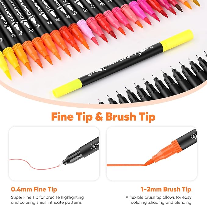 Caliart 72 Colors Dual Tip Art Markers for Adult Coloring - Aesthetic Cute Preppy Stuff School Supplies, Pens With Fine and Brush Tips for Lettering Cards Drawing Kids Artist Mothers Day Gift for Mom