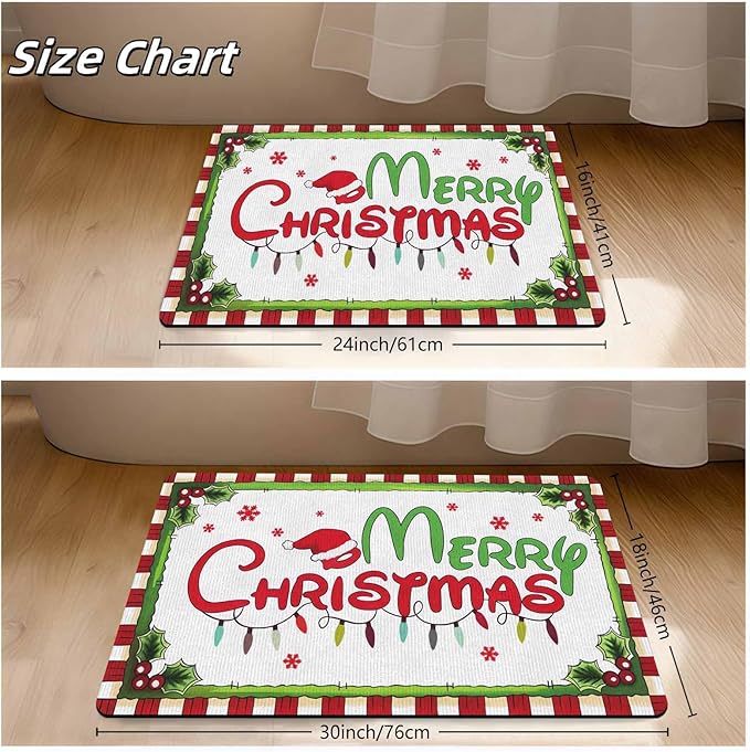 Christmas Door Mat Outdoor, Merry Christmas Plaid Hat Light Snowflakes Welcome Mats for Front Door Holiday Doormat Indoor Entryway Floor Rug for Entrance Outside Home, 18" x 30"Inch