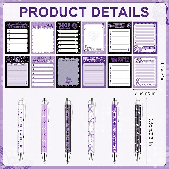 48 Domestic Violence Awareness Month Supplies Stop Domestic Violence Sticky Notes and Ballpoint Pens with Purple Ribbon Against Violence DV Survivor Support Gifts October Awareness Month Gift