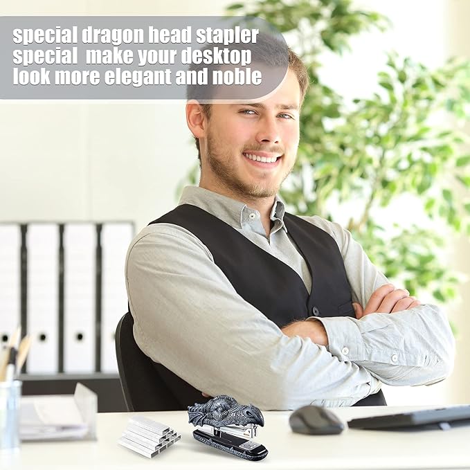 Pajean Dragon Stapler with 2000 Staples, Dragon Head Stapler Novelty Stapler Funny Carving Resin Faucet Stapler for Office Desk Stationery Desktop Accessory Home Decor(Grey)