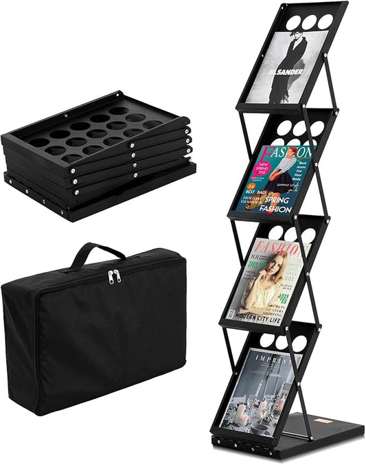 VEVOR Foldable Magazine Display Rack, 4-Tier Brochure Literature Display Stand, Portable Catalog Brochure Holder Stand with Carrying Bag for Office Trade Show Exhibitions, 4 Pockets