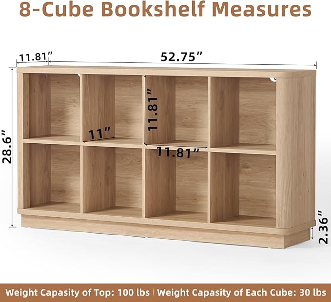 8 Cube Storage Book Shelf, 52" Long Horizontal Bookshelf with Curved Edge, Floor Standing Wooden Cubby Bookcase with Base, Modern Low Console Book Case, TV Stand for Living Room, Natural Oak